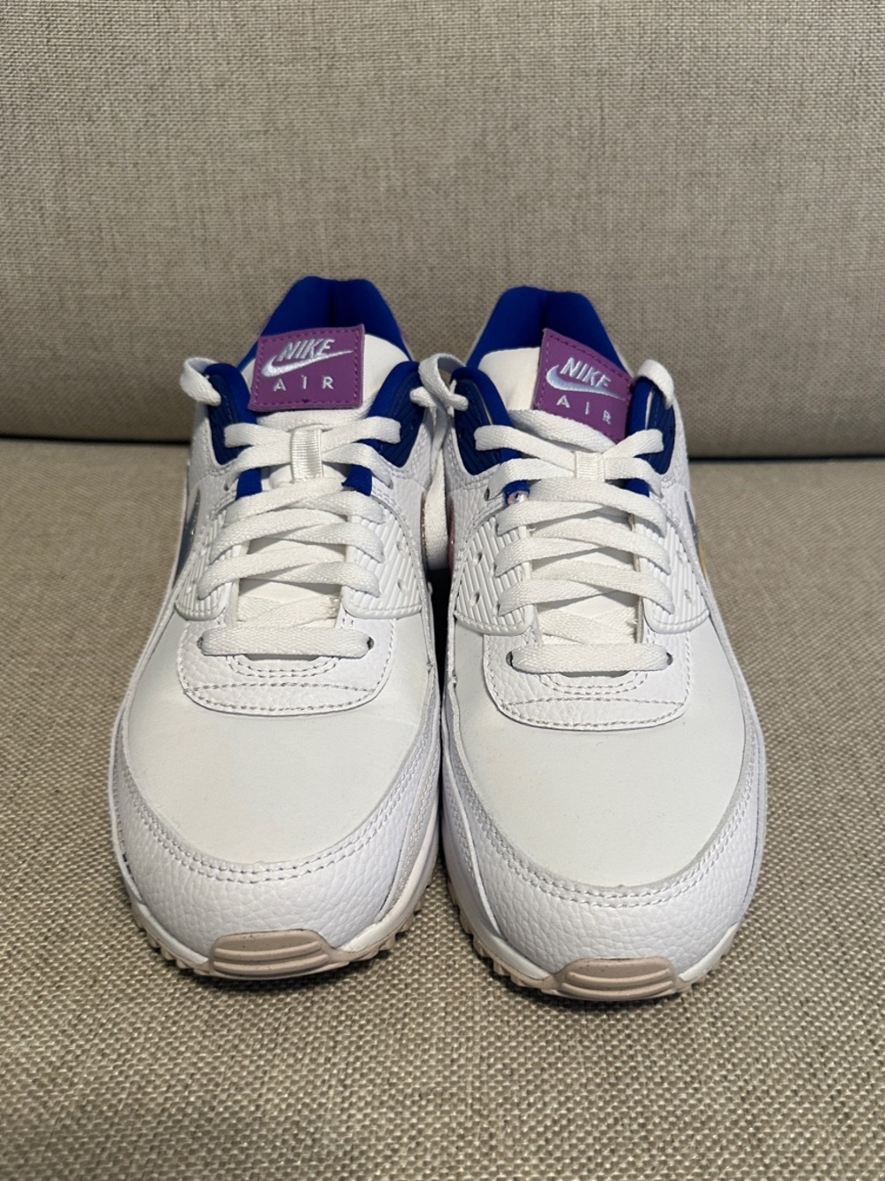 Nike White Air Max 90 Sneakers with Purple and Blue Accents Size 11.5 Women’s